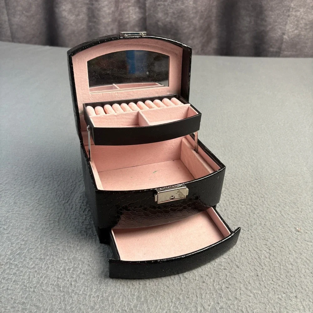 Black Croc Embossed Jewelry Box Organizer Pink Velvet Lining Mirror Mini Trunk